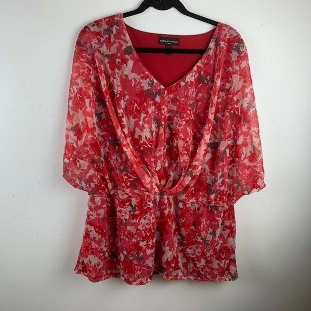 Dana Buchman Woman Size 0X (14W) Blouse V Neck Gathered Waist Floral
